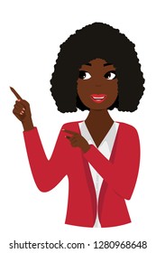 Business African American woman smiling pointing up isolated vector illustration. Business woman looking away isolated on white background