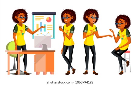 Business African Black Woman Character Vector. American Elegant Modern Girl. Expressions. Working On The Computer. Desk. Cartoon Illustration