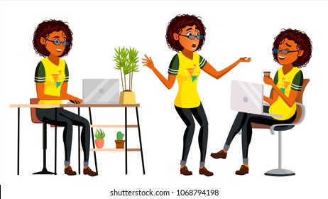 Business African Black Woman Character Vector. Female In Different Poses. Clerk In Office Clothes. Designer, Manager. Young American Woman. Workplace. Cartoon Illustration