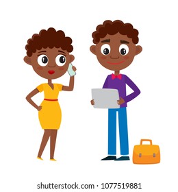 Business african couple in bright clothes in cartoon style isolated on white. Vector illustration of cute characters businessman and businesswoman used for magazine, book, poster and card.