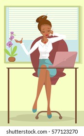 Business African woman or a clerk working at workplace. Young woman talks on phone at office desk. Design concept of the secretary or administrator. Isolated Vector illustration eps10