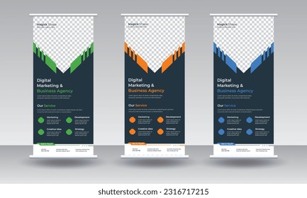 Business agency roll up banner design or pull up banner template and advertisement, polygon background, vector illustration, business flyer, display banner, brochure, x-banner, Standee Banner