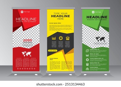 Business agency roll up banner design or pull up banner template with space for image, vertical banner with red, yellow and green print ready colors, vector eps 10