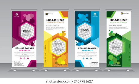 Diseño de lijadora enrollable de agencia de negocios, Plantilla de Anuncio vertical, Anuncio enrollable de negocios para publicidad, presentación con colores listos para imprimir púrpura, amarillo, azul y verde, Vector eps 10