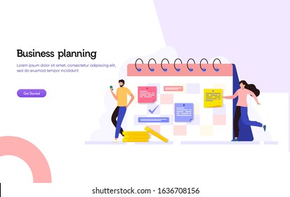 Business agenda appointment vector illustration concept, Happy man and woman making business schedule with calender can use for, landing page, template, ui, web, homepage, poster, banner, flyer