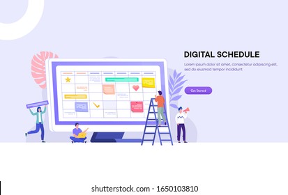 Business agenda appointment vector illustration concept, Happy man and woman making business schedule with calender can use for, landing page, template, ui, web, homepage, poster, banner, flyer