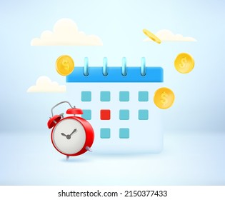 Business agenda concept with calendar and clock. 3d vector illustration