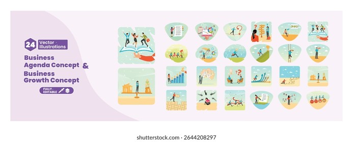 Business agenda and business growth concept. Set of office worker illustrations making to-do lists, looking at business challenges, developing themselves and working together as a team. Mega set.