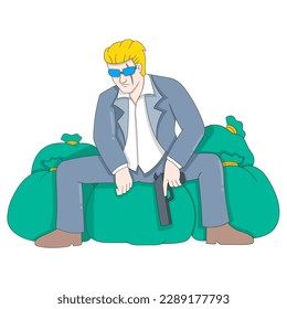 a business agent man is sitting on a rich money sack. vector design illustration art