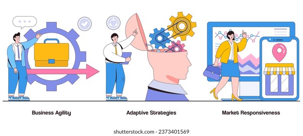 Business Agilität, adaptive Strategien, Marktreaktionskonzept mit Charakter. Agile Business abstrakte Vektorgrafik Set. Flexibilität, schnelle Entscheidungsfindung, Metapher zur Marktanpassung.