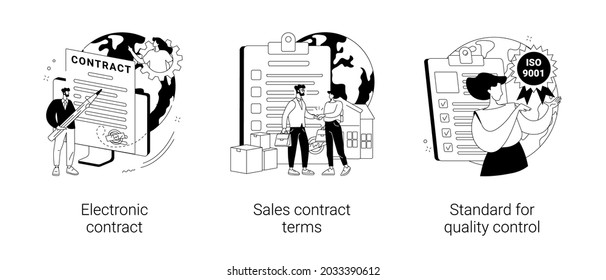 Conjunto de ilustraciones vectoriales de concepto abstracto de acuerdo comercial. Contrato electrónico, condiciones de contrato de venta, norma para el control de calidad, condiciones de pago, metáfora abstracta de certificación.