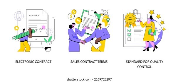 Business agreement abstract concept vector illustration set. Electronic contract, sales contract terms, standard for quality control, payment terms and conditions, certification abstract metaphor.