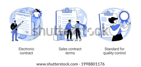 Business agreement abstract concept vector illustration set. Electronic contract, sales contract terms, standard for quality control, payment terms and conditions, certification abstract metaphor.