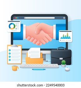 Business agreement banner. Computer with handshake on the screen. Briefcase, folder, charts icons. Web vector illustration in 3D style
