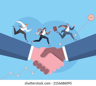 Business agreement, the best deal or success with the great partner concept. Business people running across giant handshake with the increasing graph in blue scene.