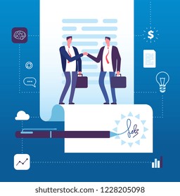 Business agreement concept. Businessman handshaking at contract with signature. Investment, partnership big deal vector illustration