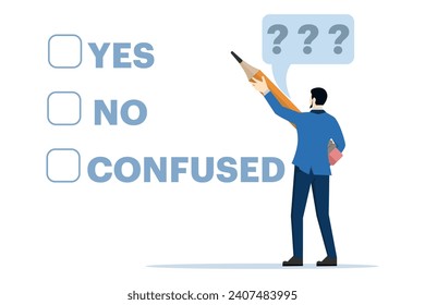 business agreement concept. businessman holding pencil decides to agree to consent question. Consent document to vote, yes or no, accept or agree to permission, answer yes or no, decide later.