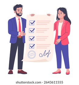 Concepto de Acuerdo de negocios. Ilustración vectorial plana de dos personas de negocios en trajes que sostienen un contrato firmado con tareas completadas. Aislado en el fondo blanco