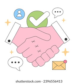 Business agreement concept. Handshake with approval checkmark, user icon, communication bubbles, and email. Trust and partnership establishment. Flat vector illustration