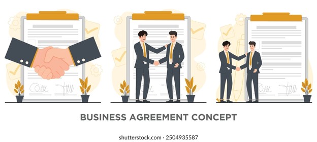 Business agreement concept with set of handshake and contract vector illustration