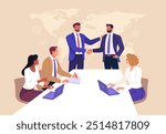 Business Agreement Concept. Vector illustration in flat style of a group of diverse people sitting at a desk and two businessmen at the head shaking hands with a world map in the background.