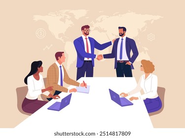 Business Agreement Concept. Vector illustration in flat style of a group of diverse people sitting at a desk and two businessmen at the head shaking hands with a world map in the background.