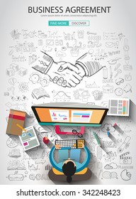 Business Agreement concept wih Doodle design style :finding solution, brainstorming, creative thinking. Modern style illustration for web banners, brochure and flyers.