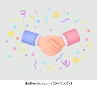 Conceito de contrato de contrato de negócio Ilustração de vetor ícone de handshake 3d Handshake de personagem de desenho animado Acordo bem-sucedido