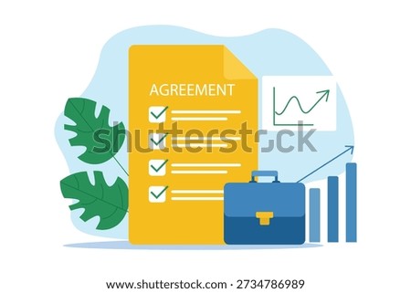 Business Agreement Contract Document with Checklist, Growth Chart and Briefcase Vector Illustration