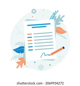 Business agreement, contract document vector illustration. Paper with pencil and signature icon.