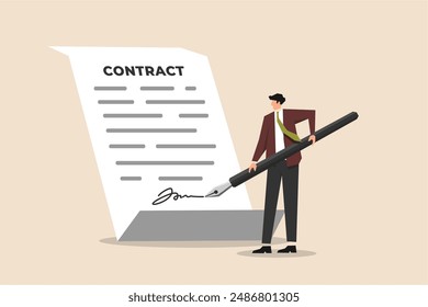 Business agreement, contract, signature on bank loan, mortgage, or government policy paperwork, and business leader's or client's confidence while using a fountain pen to sign documents