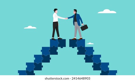 business agreement, cooperation in business to achieve certain targets, growth or progress to achieve goal and target, two business people shaking hands at the top of the ladder from puzzle