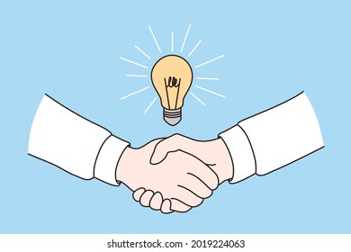 Business agreement and deal concept. Two business people partners shaking hands after great creative agreement with brilliant idea vector illustration 
