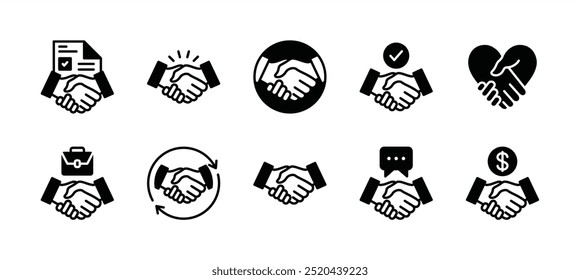 Conjunto de ícones simples de contrato comercial. Contendo handshake, cooperação, documento de contrato, ajuda, suporte, colaboração, trabalho em equipe, negócio, parceria, trabalho em conjunto. Ilustração vetorial