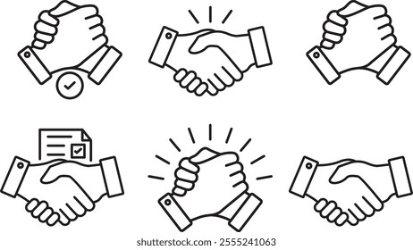 Business agreement handshake icon in line style. Containing relation, cooperation, contract deal, success, greeting, respect, teamwork, friendship, partnership, trust, welcome. Vector illustration