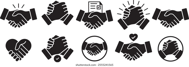 Business agreement handshake icon set. Containing relation, cooperation, contract deal, success, greeting, respect, teamwork, friendship, partnership, trust, welcome. Vector illustration