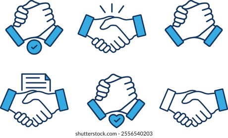 Business agreement handshake icon set. Containing relation, cooperation, contract deal, success, greeting, respect, teamwork, friendship, partnership, trust, welcome. Vector illustration