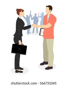 Business agreement handshake. Man and woman shaking hands in agreement. Hiring new employment.