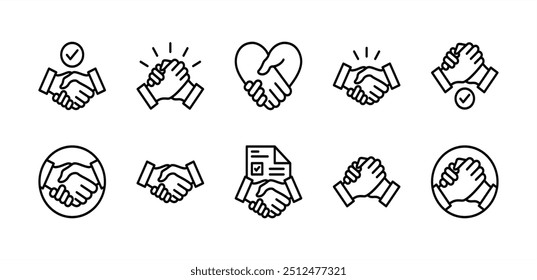 Business agreement handshake thin line icon set. Containing friendship, partnership, relation, cooperation, contract deal, success, greeting, respect, teamwork, trust, welcome. Vector illustration