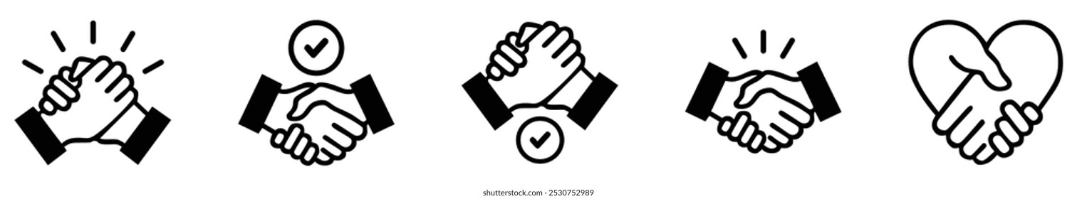 Conjunto de ícones de linha fina de handshake de contrato comercial. Contendo amizade, parceria, relação, cooperação, contrato, sucesso, saudação, respeito, trabalho em equipe, confiança, bem-vindo. Ilustração vetorial.