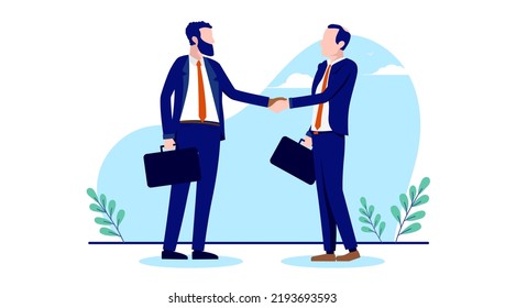 Business agreement handshake - Two businessmen shaking hands after making deal and negotiation. Flat design vector illustration with white background