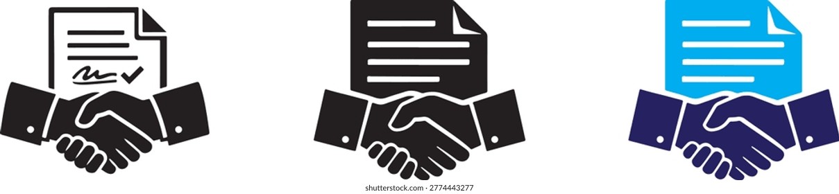 Business agreement icon with handshake and document for contract, partnership and deal approval.