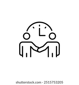 Business agreement icon. Simple outline design depicting two people shaking hands under a clock, symbolizing time management and partnership. Ideal for business deals. Vector illustration