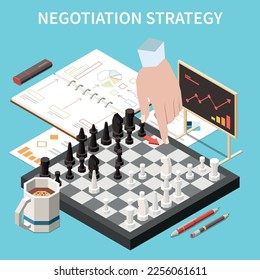Business agreement isometric concept with negotiation strategy symbols vector illustration