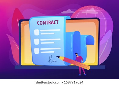 Business agreement. Legal arrangement. Employee hiring. Electronic contract, ecommerce business documents, digital signature validation concept. Bright vibrant violet vector isolated illustration