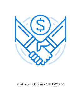 Business agreement line vector icon. Successful financial transaction and partnership. Two hands shaking with money symbol. Corporate marketing business congratulations on good deal.
