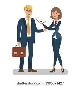 Business Agreement, Negotiation Flat Illustration. Businessman and Businesswoman Cartoon Vector Characters Handshaking. Successful Partnership, Deal. Partners Signing Contract, Legal Document