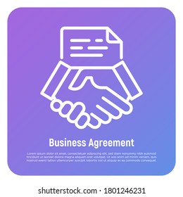 Business agreement thin line icon. Handshake and contract, partnership. Vector illustration.