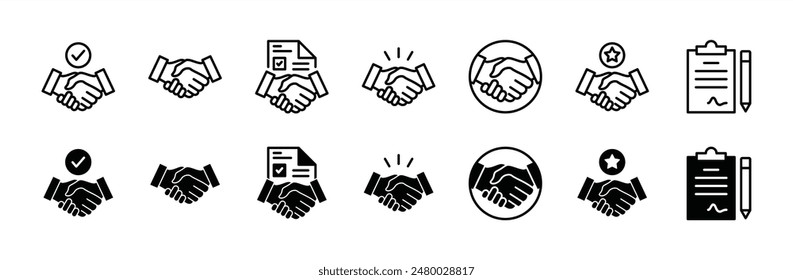 Business agreement thin line icon set. Containing handshake, cooperation, partnership, contract, team, deal, trust, agree, friendship, greeting, loyalty, teamwork. Vector illustration