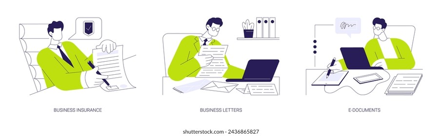 Business agreements abstract concept vector illustration set. Business insurance, reading letters from partners, e-documents, legal company documentation, correspondence abstract metaphor.